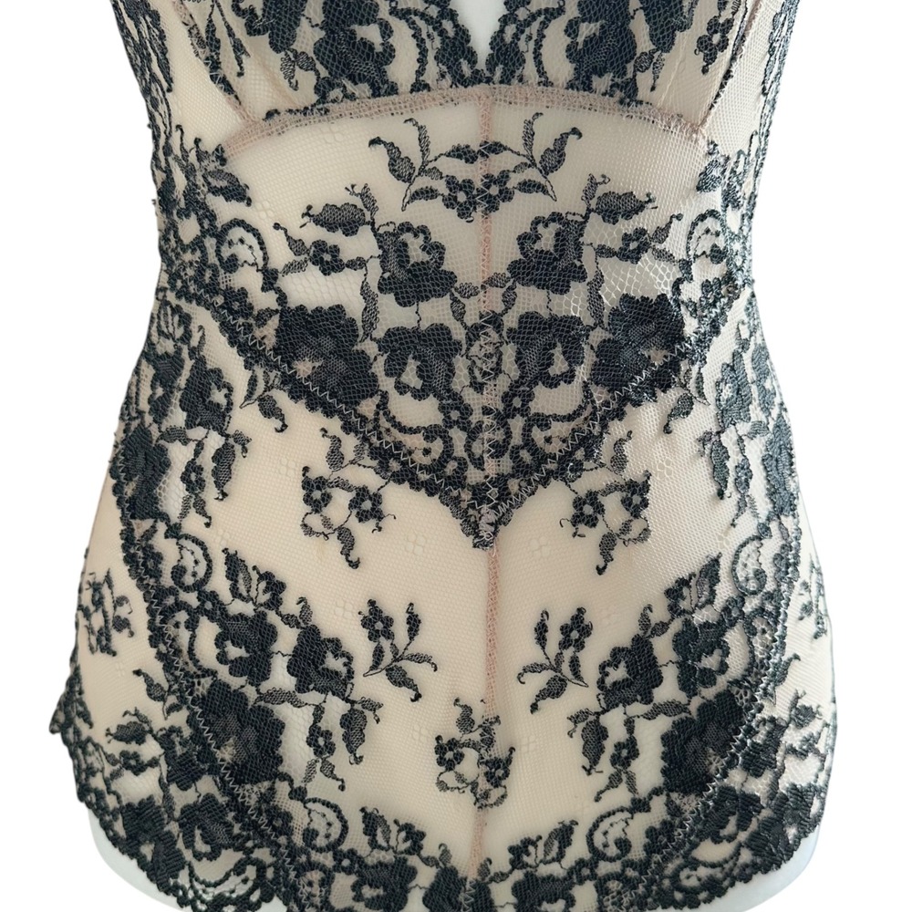 Intimately Free People Black Lace Deep V Halter Bodysuit Nude Mesh Size Small - Picture 3 of 6